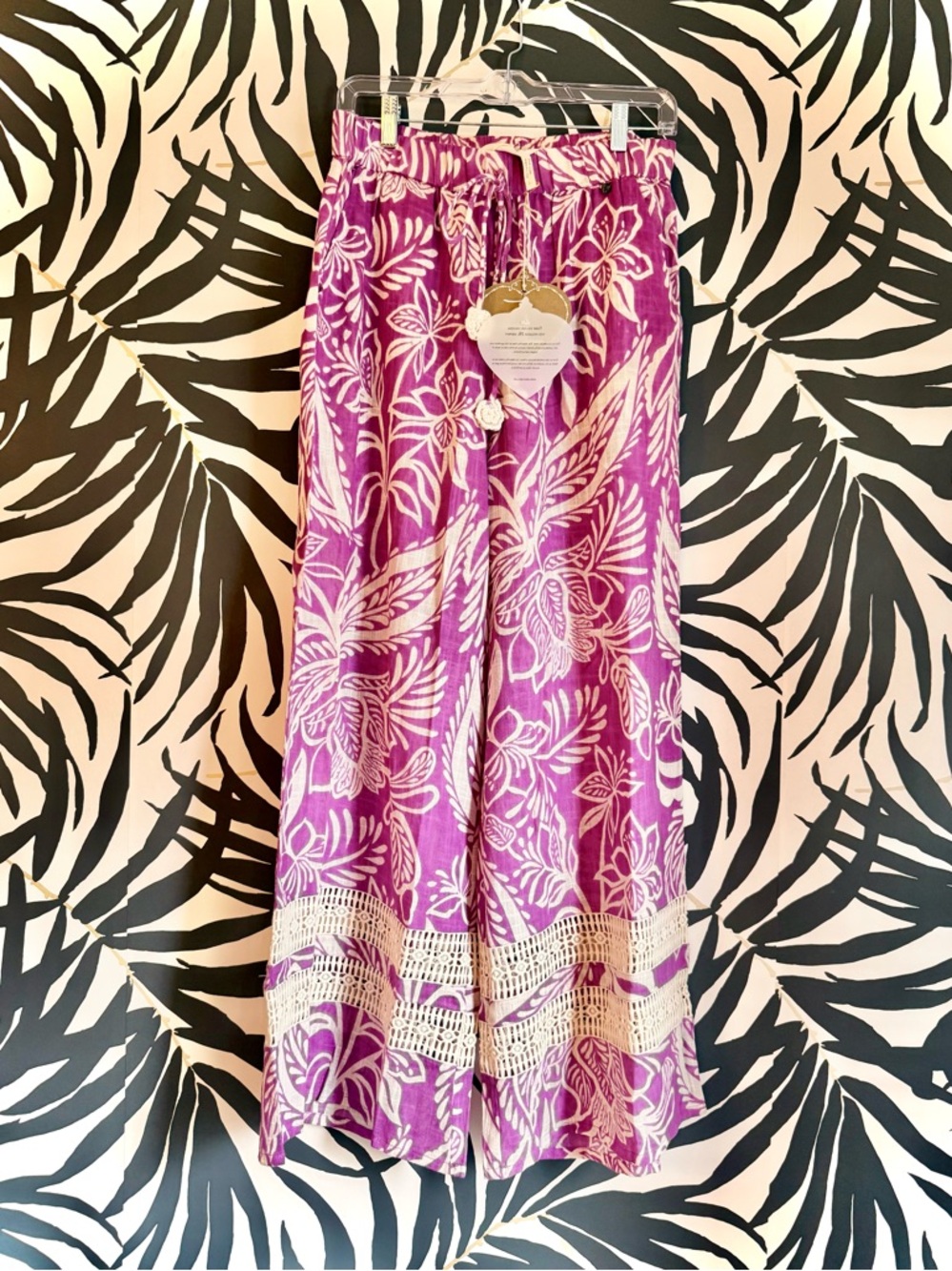 💜 Z & L Women's Purple Floral Wide-Leg cover-up Beach Pants with Crochet Trim